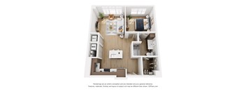A 3D floor plan of a small apartment with a kitchen, living room, and bedroom.