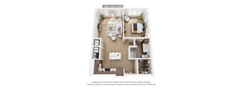 A 3D floor plan of a small apartment with a kitchen, living room, and bedroom.