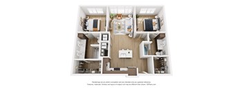 A 3D floor plan of an apartment with a kitchen, living room, and two bedrooms.