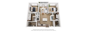 A 3D floor plan of a small apartment with a kitchen, living room, and bedrooms.