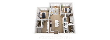A 3D floor plan of a small apartment with a kitchen, living room, and bedroom.