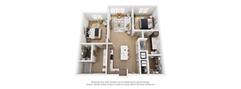 A 3D floor plan of an apartment with a kitchen, living room, and bedrooms.
