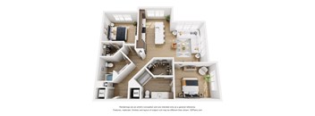 A floor plan of an apartment with a kitchen, living room, and two bedrooms.