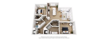 A 3D floor plan of an apartment with kitchen, living room, bedrooms, and bathrooms.