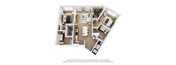 A 3D floor plan of a small apartment with a kitchen, living room, and bedroom.
