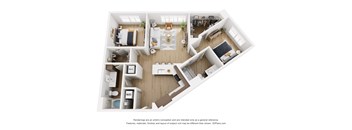 A 3D floor plan of an apartment with kitchen, living room, bedrooms, and bathrooms.