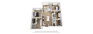 A 3D floor plan of an apartment with a kitchen, living room, and two bedrooms.