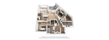 A 3D floor plan of an apartment with a kitchen, living room, and bedrooms.