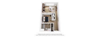 A 3D floor plan of a small apartment with a kitchen, living room, and bathroom.