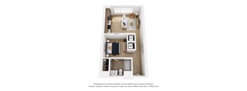 A 3D floor plan of a small apartment with a kitchen, living room, and bathroom.