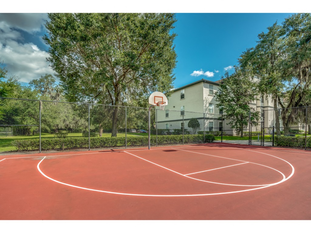 a basketball court with trees and a building in the background