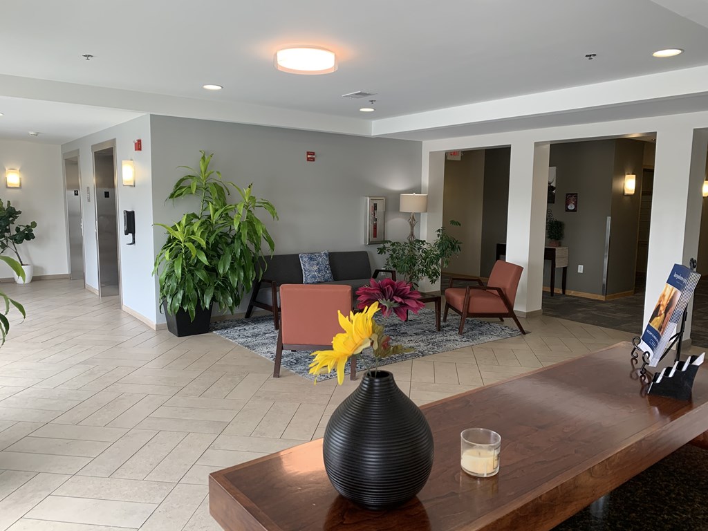 a view of the lobby from the front desk