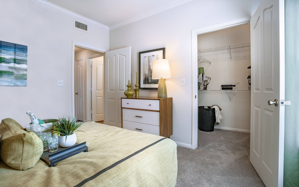 a bedroom with a bed and a closet