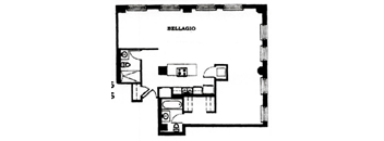 A black and white image of a floor plan for a building named Bellagio.