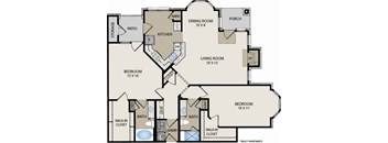 A floor plan of an apartment with a living room, dining room, kitchen, and two bedrooms.