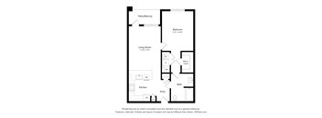A floor plan of a home with a living room, kitchen, bath, and two bedrooms.