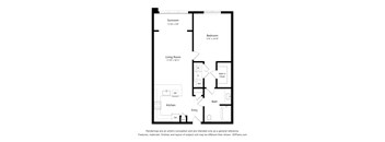 A floor plan of a small apartment with a living room, bedroom, kitchen, and bathroom.