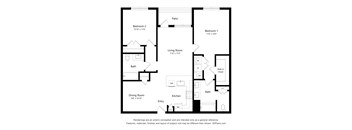 A floor plan of a house with two bedrooms, a living room, a dining room, a kitchen, a bathroom, and a walk-in closet.