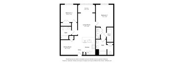 A floor plan of a house with two bedrooms, a living room, a dining room, a kitchen, a bathroom, and a walk-in closet.