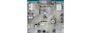 A top-down view of a well-organized apartment with a kitchen, living room, and bathroom.