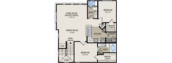 A floor plan of a house with a living room, dining room, kitchen, and two bedrooms.