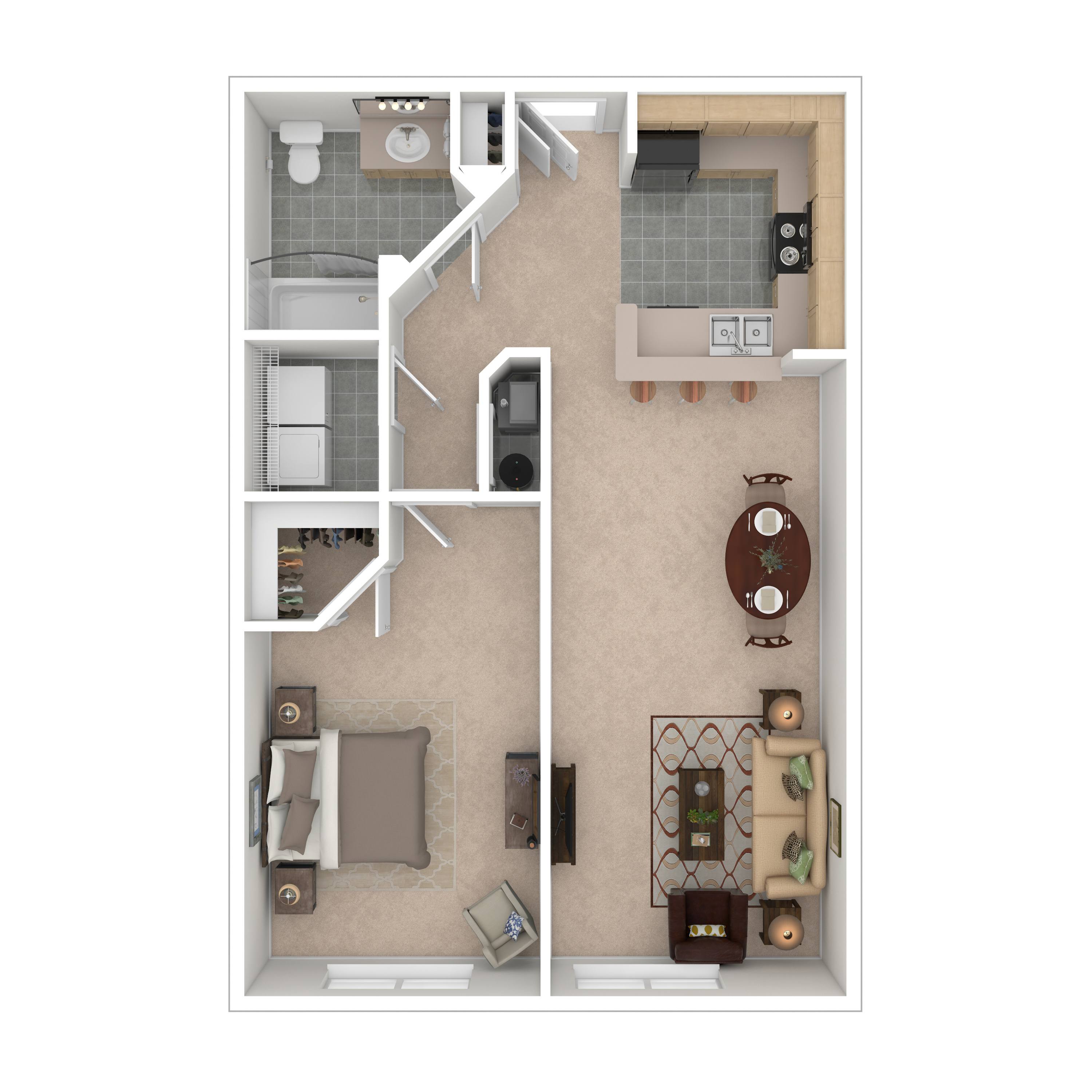 A top down view of a small apartment with a kitchen, living room, and bathroom.