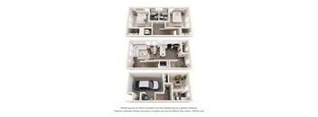 A 3D floor plan of a house with three bedrooms, two bathrooms, a living room, a kitchen, a dining room, and a garage.