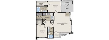 A floor plan of an apartment with a living room, two bedrooms, a kitchen, a laundry room, and storage space.