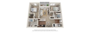 A 3D floor plan of a small apartment with a kitchen, living room, and two bedrooms.