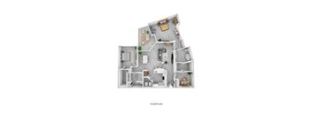 A floor plan of a house with a kitchen, living room, dining room, and bathrooms.