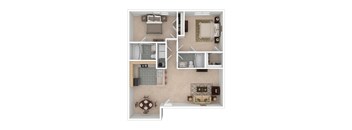 A floor plan of a house with a kitchen, living room, dining area, and bathrooms.
