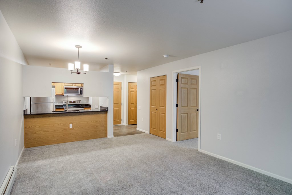 the living room and kitchen of an apartment with carpeted flooring and wooden doors