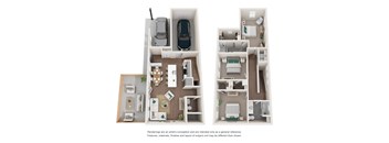 a 3d floor plan of a 2 bedroom apartment