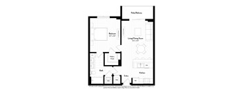 A floor plan of a home with a bedroom, bathroom, living/dining room, kitchen, and walk-in closet.