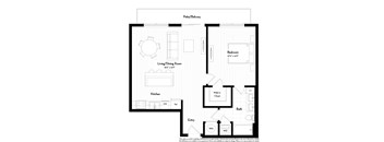 A black and white floor plan of a small apartment with a living room, kitchen, bathroom, and bedroom.