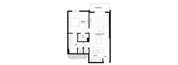 A floor plan of a small apartment with a bedroom, living room, kitchen, and bathroom.