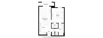 A floor plan of a house with a living room, kitchen, bathroom, bedroom and patios.