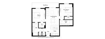 A floor plan of a house with a living room, dining room, kitchen, and two bathrooms.