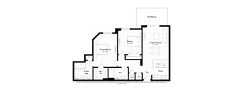 A floor plan of a house with a living room, kitchen, and two bedrooms.