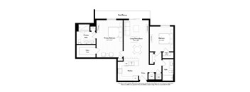 A floor plan of a house with a living room, two bedrooms, a bathroom, a kitchen, and a walk-in closet.