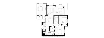 A black and white floor plan of a house with a living room, dining room, kitchen, and two bathrooms.