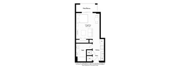 A floor plan of a house with a living area, kitchen, bath, and entry.