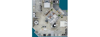 A top-down view of a house layout with a kitchen, living room, and bathrooms.