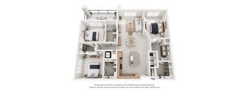 A 3D floor plan of a house with a kitchen, living room, dining room, and two bedrooms.