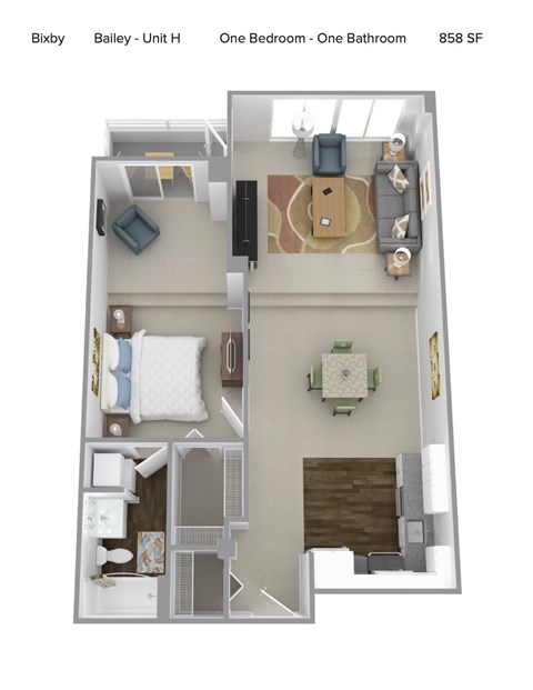A floor plan of a one bedroom, one bathroom apartment.