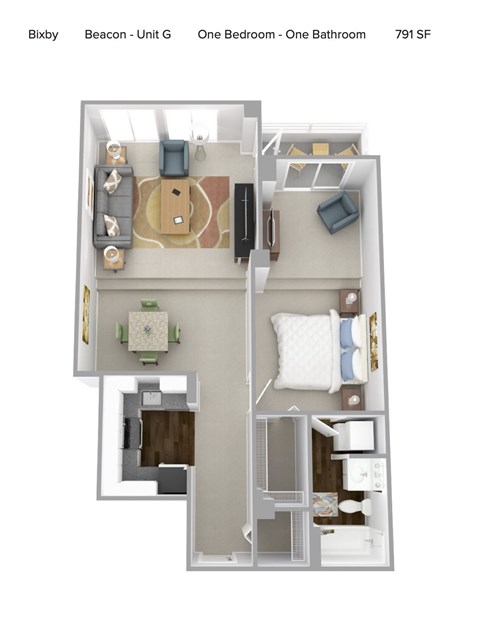 A floor plan of a one bedroom, one bathroom apartment.
