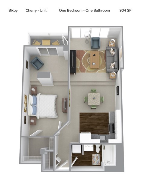 A floor plan of a one bedroom, one bathroom apartment.