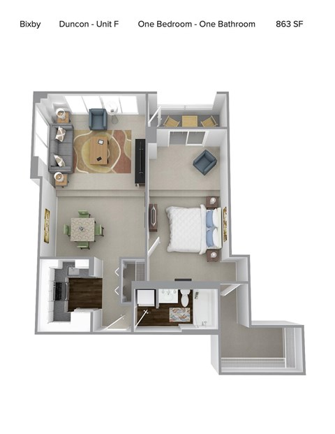 A floor plan of a one bedroom, one bathroom apartment in Bixby, Duncon, with 863 square feet.
