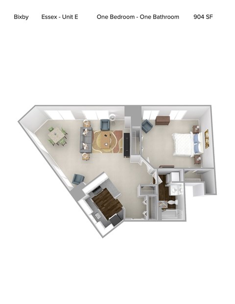 A floor plan of a one bedroom apartment with one bathroom.