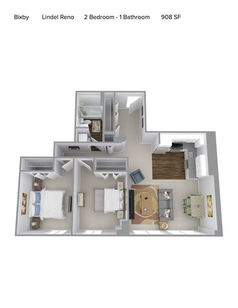 A 2 bedroom, 1 bathroom apartment in Bixby, Lindel Reno with 908 SF.